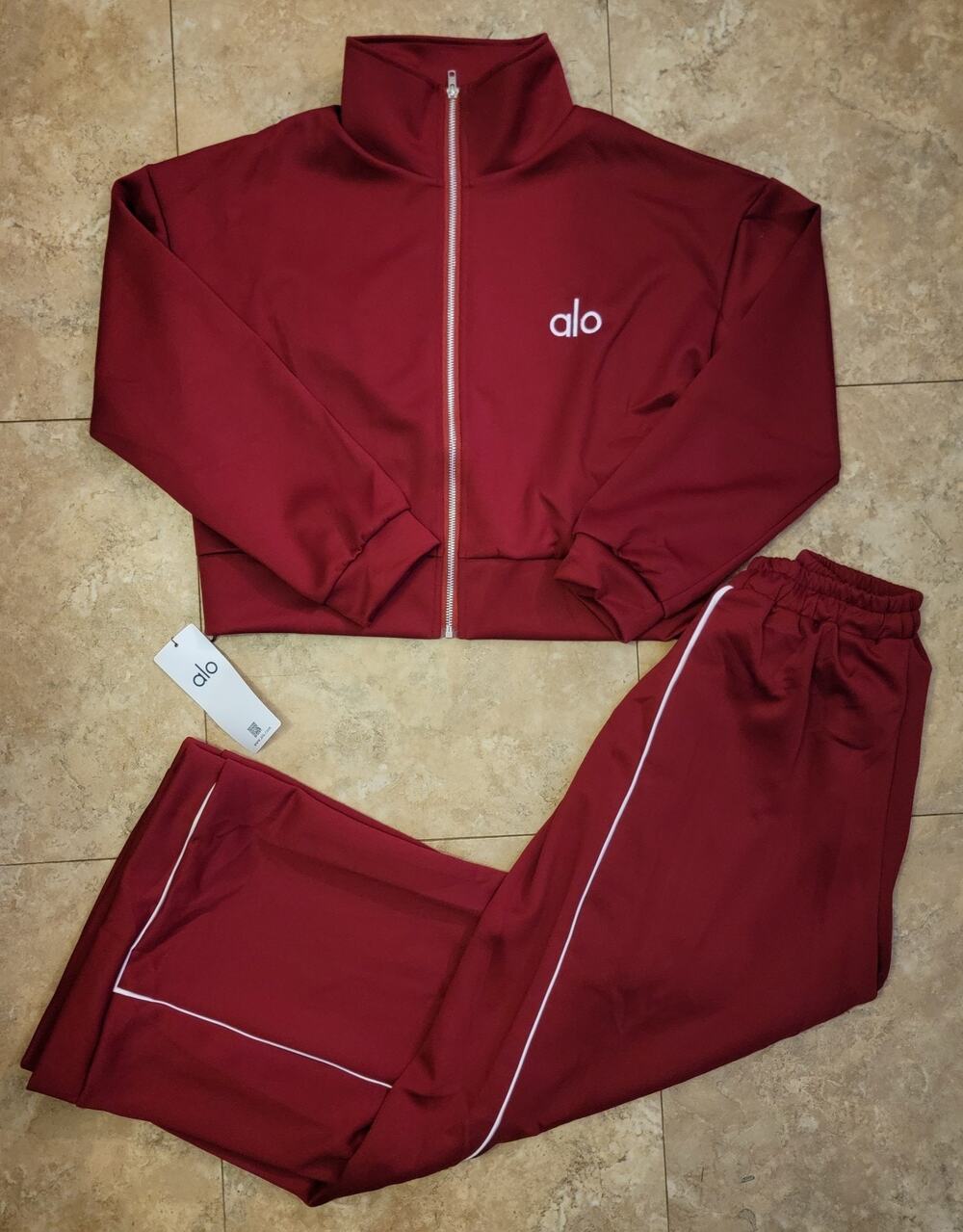Women Sz Large Burgundy 2pc Wide Leg Knit Track Suit Travel Athleisure Set New